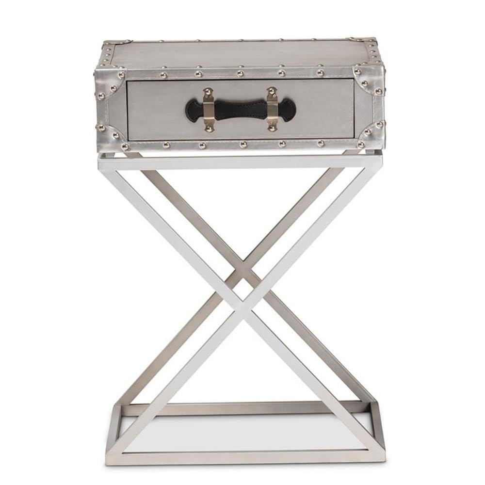 BOWERY HILL French Silver Metal 1-Drawer Nightstand - Elegant Bedside Table for Bedroom Decor | Compact Storage Solution for Small Spaces