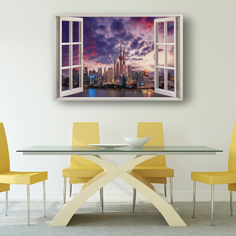 Modern Shanghai Night City View Canvas Art Print - Framed Wall Decor for Home, Dining Room & Kitchen - 18x12 Inch (45x30cm) Giclee Oil Painting - Perfect for Urban Style Interior Design & Apartment Decor