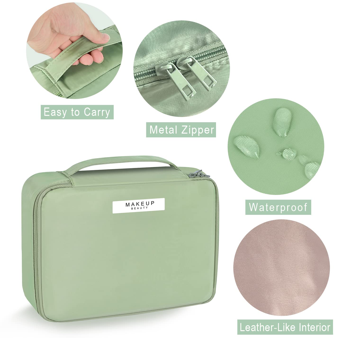 Large Waterproof Makeup Bag for Travel - Cosmetic Organizer with Brush Storage, Toiletry Case for Women & Girls - Perfect for Home, Office & Vacation - Green