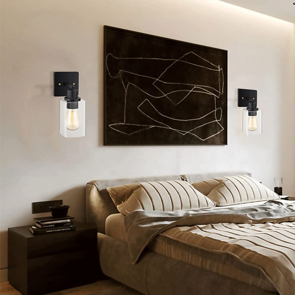 Industrial Wall Light - Black Metal Rectangular Glass Wall Lamp with E27 Outlet for Dining Room, Living Room TV Wall, Bedroom Bedside | Modern Decorative Lighting for Home & Office Interior Design