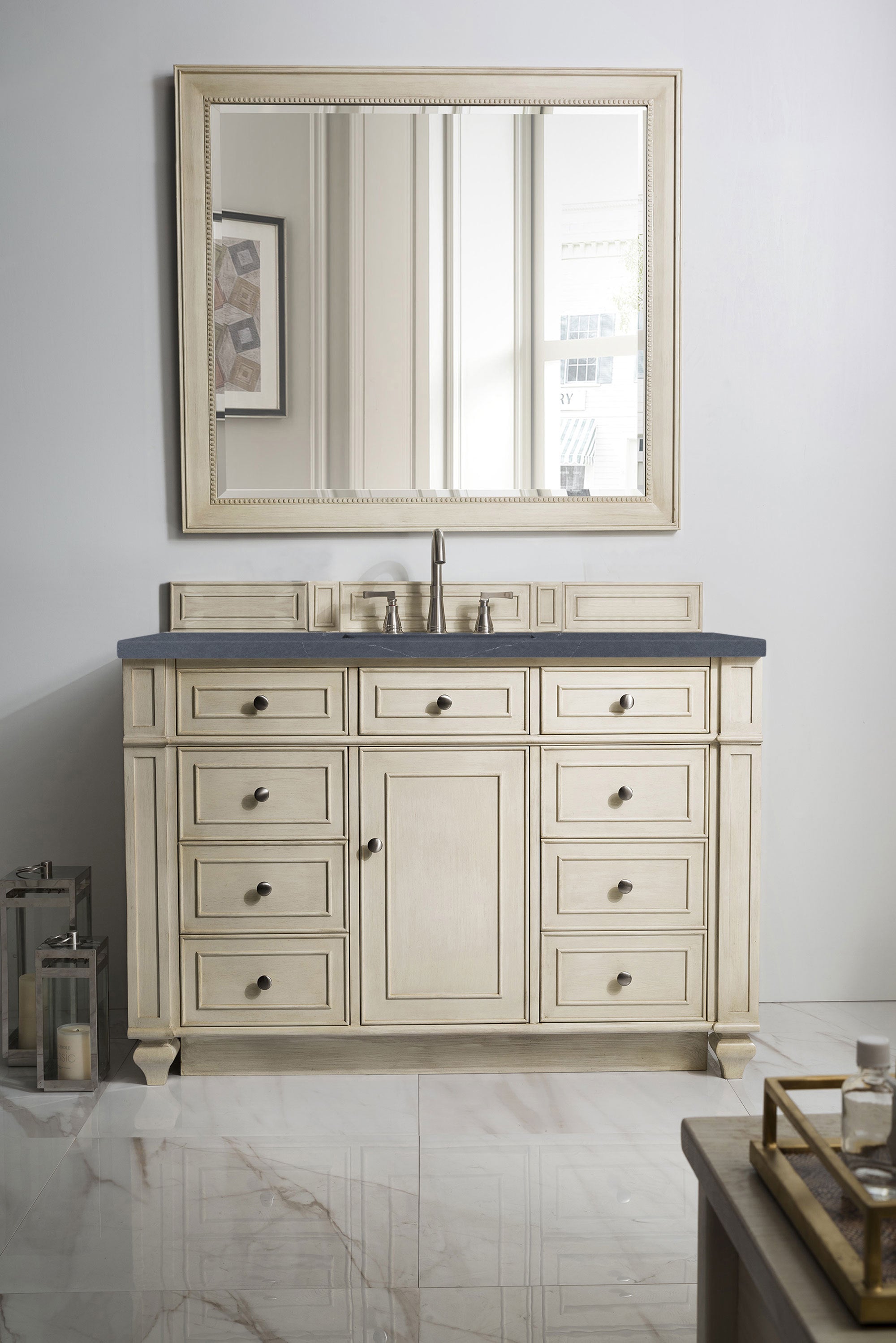 Bristol 48-Inch Single Bathroom Vanity in Vintage Vanilla with 3CM Charcoal Soapstone Quartz Top - Perfect for Modern Farmhouse & Traditional Bathroom Remodels