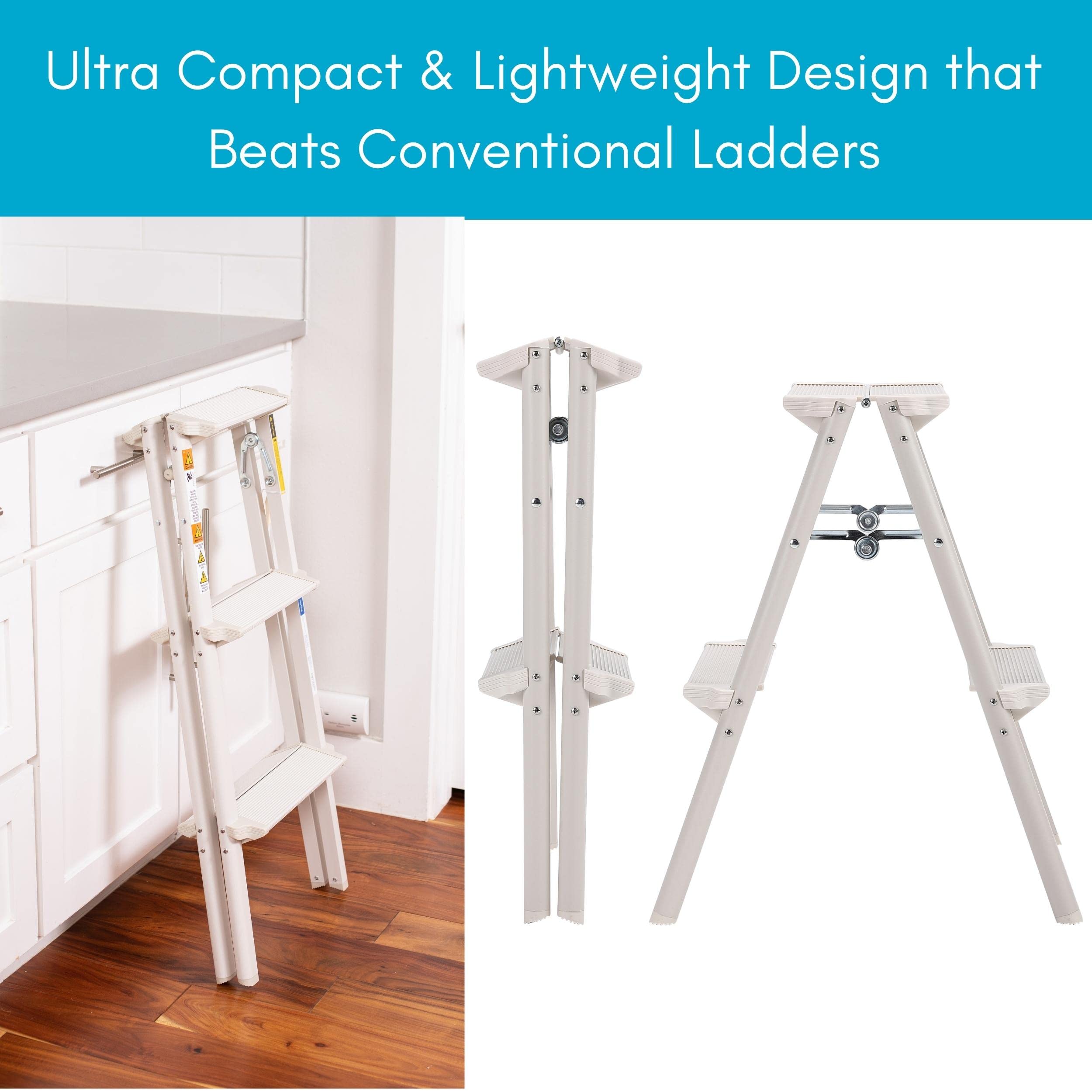 BIRDROCK HOME 3-Step Compact Steel Step Ladder - Lightweight Folding Stool with Anti-Slip Steps - Perfect for Kitchen, Pantry, Closet & Home Office - Indoor Step Stool in Silver (3-Step) - Ideal for Reaching High Shelves, Changing Light Bulbs & Home Organization