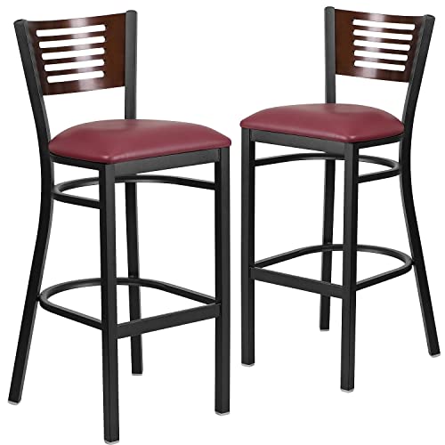 Walnut Wood Back/Burgundy Vinyl Seat/Black Metal Frame