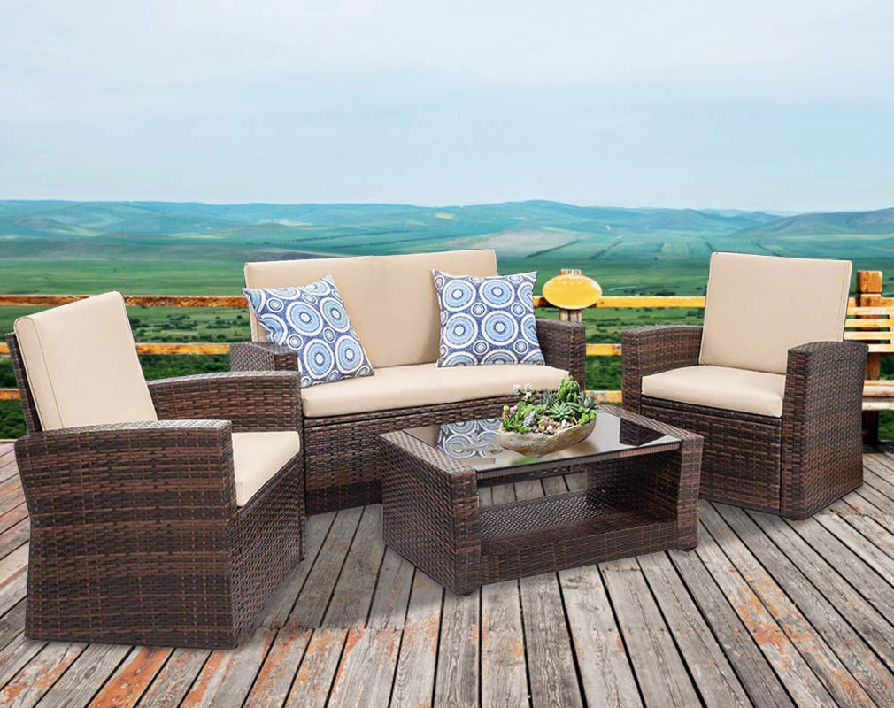 4-Piece Outdoor Patio Furniture Set - Rattan Wicker Sectional Sofa Conversation Set with Coffee Table for Backyard, Porch, Poolside, Balcony & Garden (Brown) - Perfect for Relaxing, Entertaining & Outdoor Gatherings