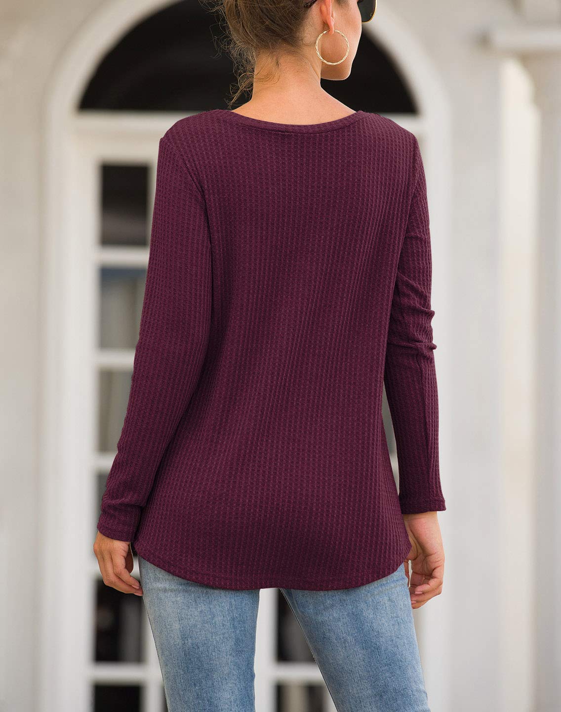Neineiwu Women's Casual Long Sleeve Twist Knot Waffle Knit Shirt - Loose Cute Blouse for Fall & Winter | Perfect for Office, Date Night and Weekend Outfits