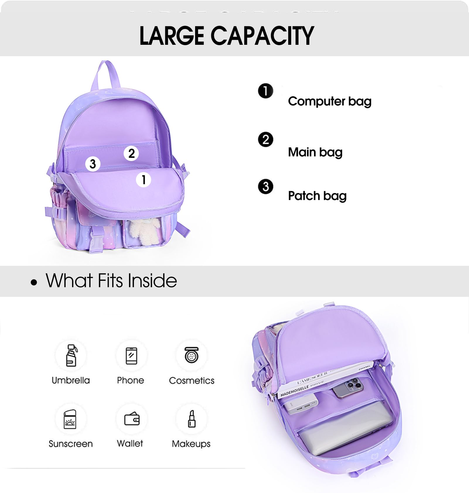 Kawaii Backpack for Girls - Cute Aesthetic School Bookbag with Pins & Pendant Accessories, Purple Star Design | Perfect for School, Travel & Everyday Use