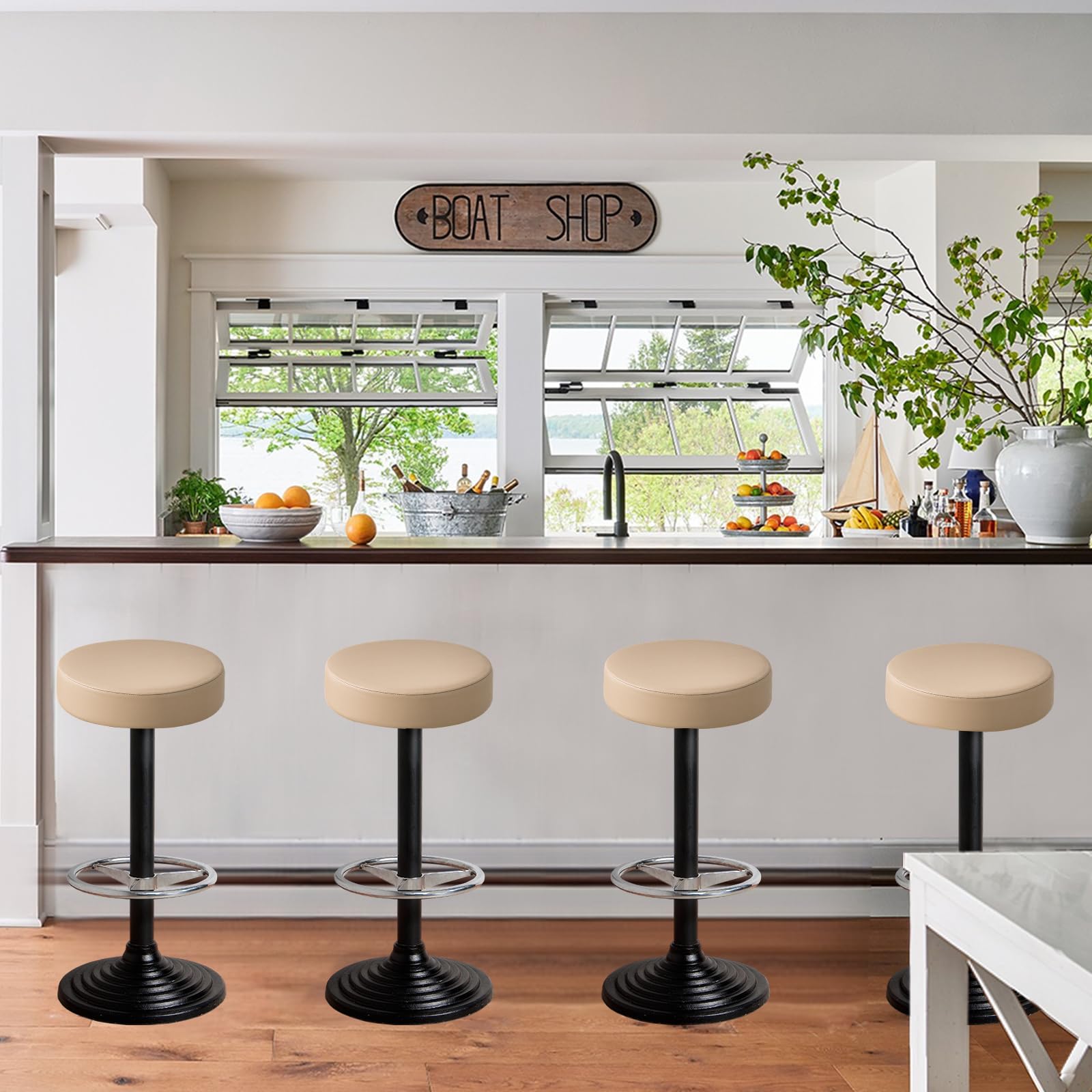 Waterproof PU Bar Stool Covers Set of 2 - Elastic Slipcovers for 12-15 Inch Stools, Washable Khaki-Nude Seat Cushions | Perfect for Kitchen Counter, Breakfast Nook & Home Bar Decor