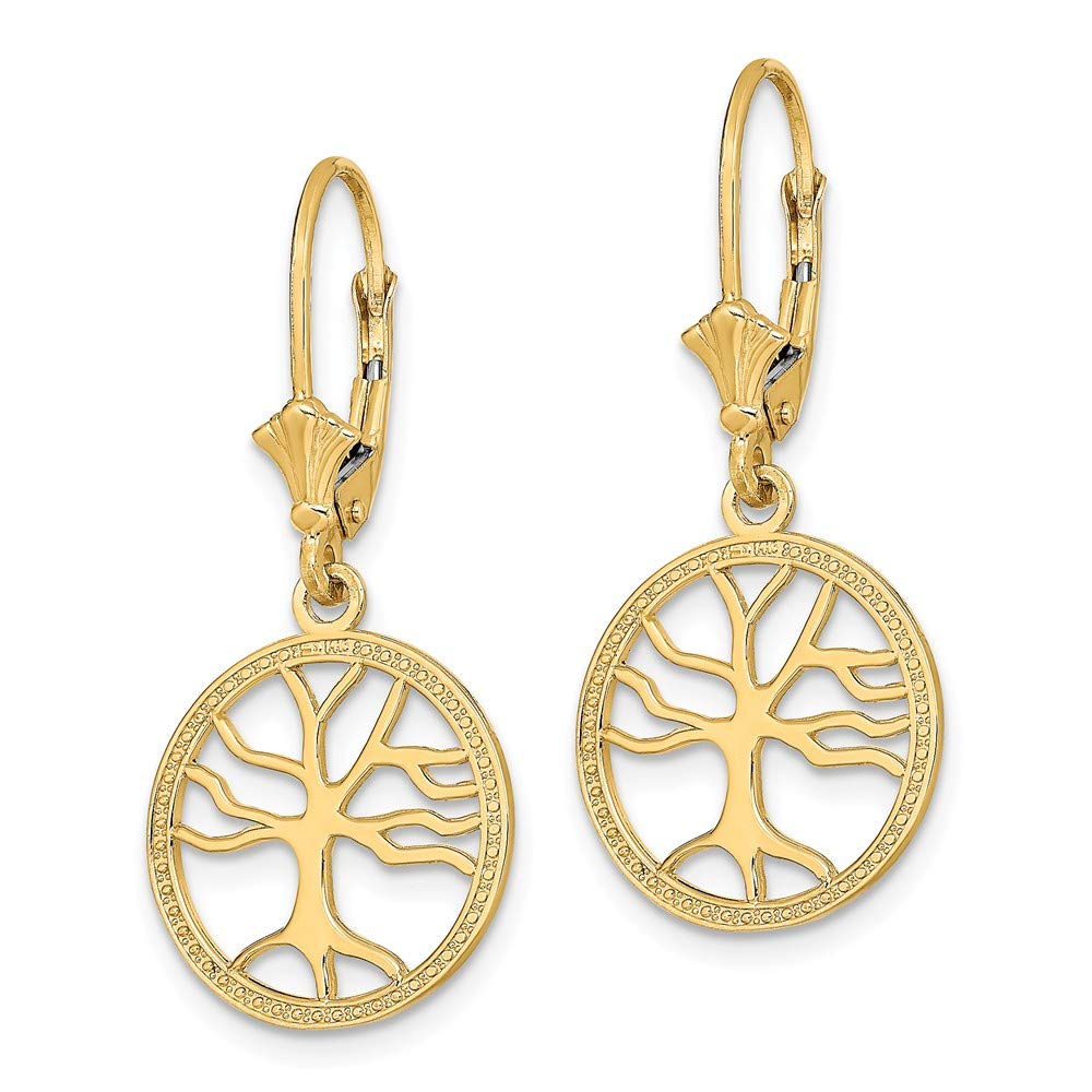 14K Yellow Gold Tree of Life Round Frame Leverback Earrings - Elegant Cut-Out Design for Women, Perfect for Weddings, Parties & Everyday Wear