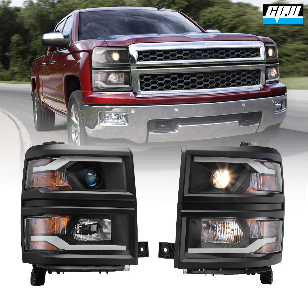 CPW LED Headlight Assembly for 2014-2015 Chevy Silverado 1500 - DRL High Low Beam with Halogen Bulb Projector & Turn Signal Lights (Black/Black) | Perfect for Night Driving & Off-Road Adventures