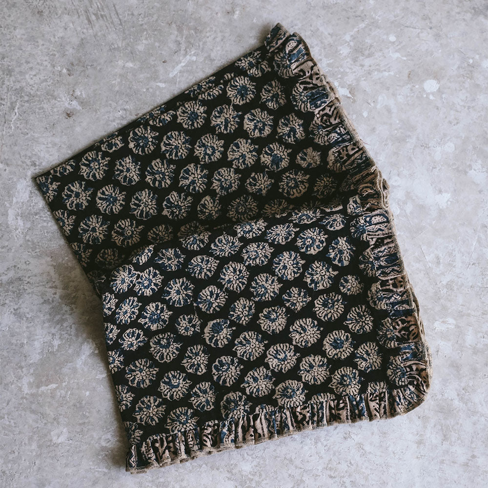 Handmade Block Printed Tea Towel with Decorative Ruffle Edge - Organic Cotton Kitchen Towel for Drying Dishes, Decor & Gift Giving