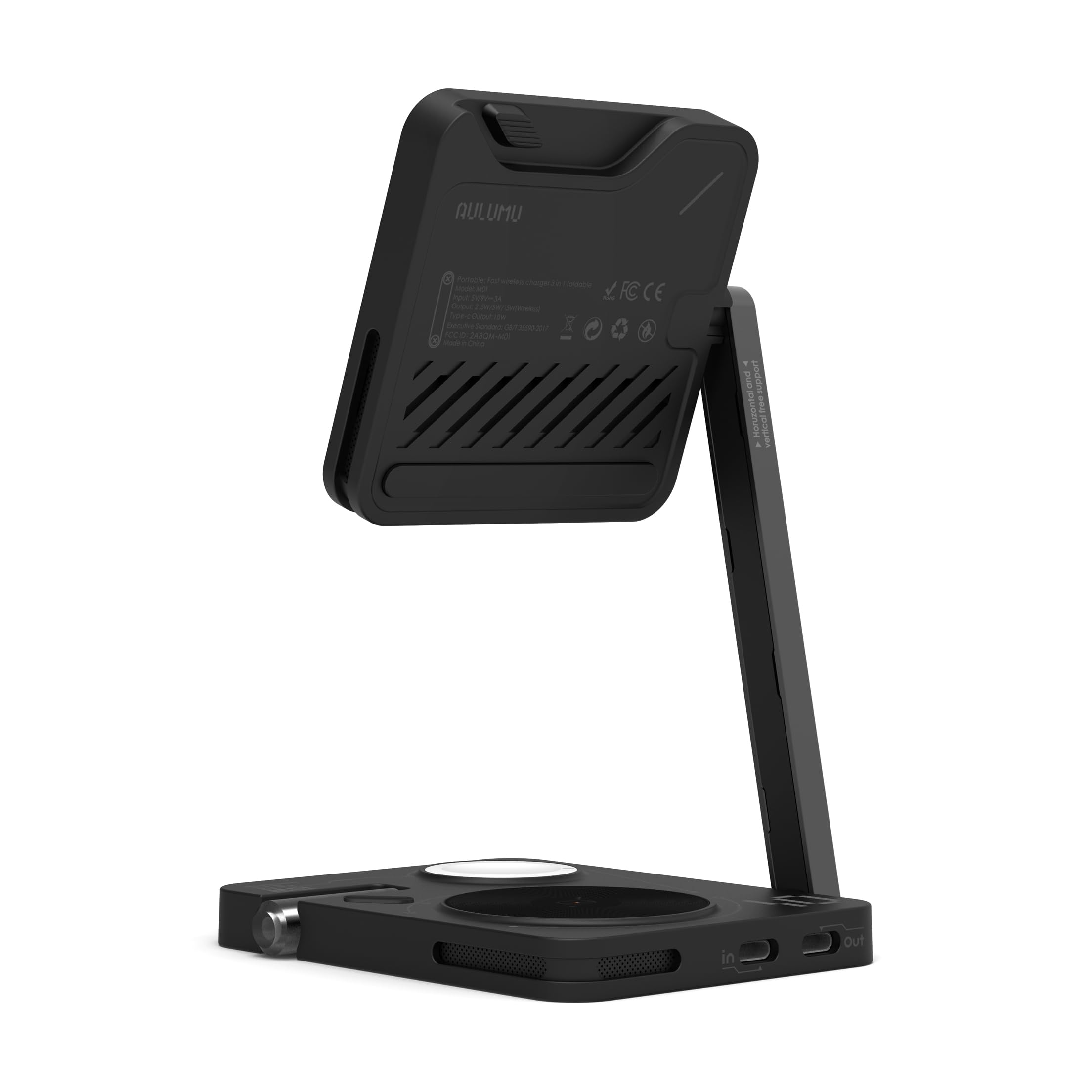 Aulumu M01 3-in-1 Foldable Magnetic Wireless Charging Station - 15W Fast Charging Stand with Magsafe Compatibility for iPhone 14/13/12, AirPods & Apple Watch - Portable Travel Charger for Home, Office & Car (Black)