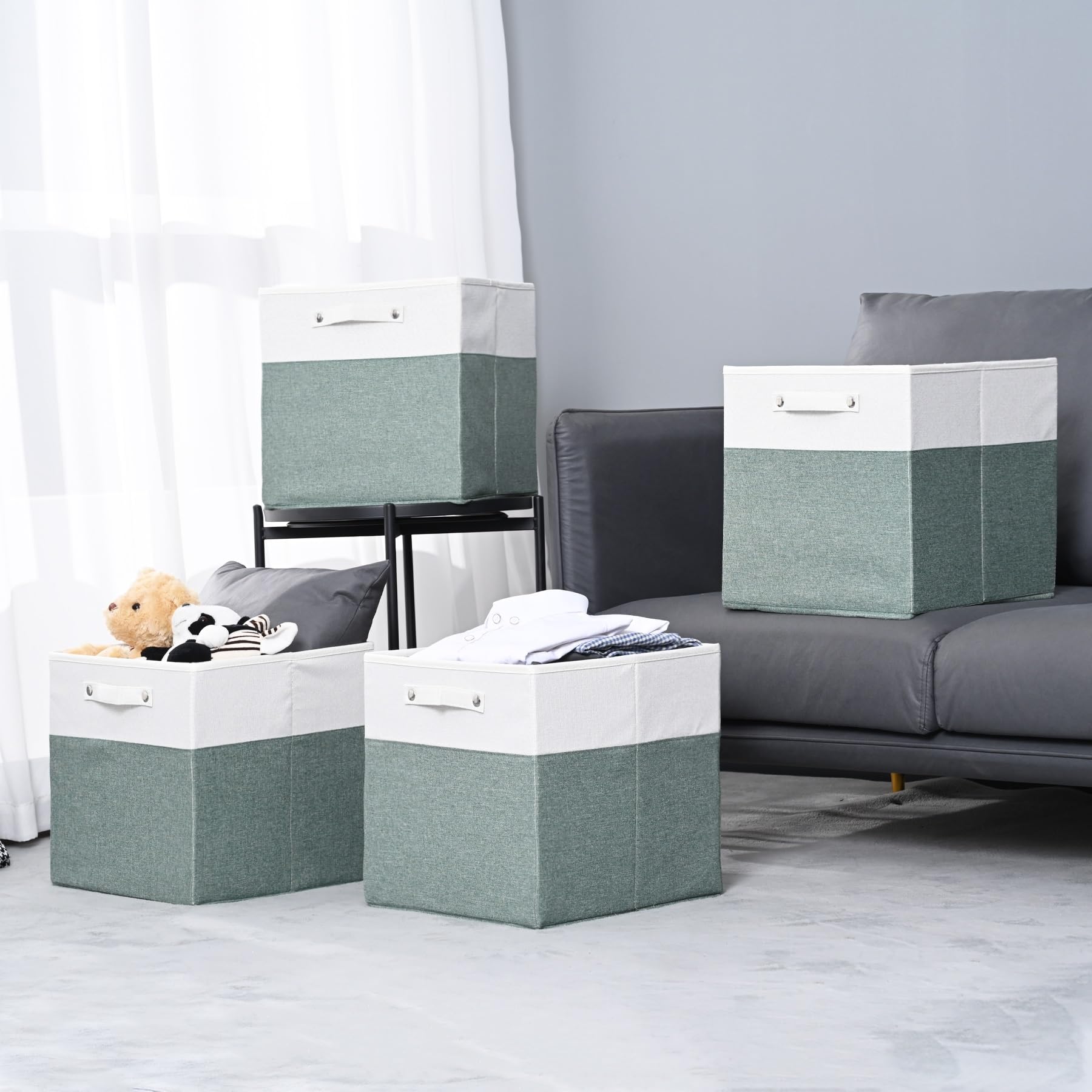 13 x 13 Inch Premium Linen Storage Bins with Handles - 4 Pack Fabric Cube Box Organizers | Collapsible Closet & Shelf Baskets for Home Organization (White/Green) | Perfect for Bedroom, Nursery & Office Storage Solutions
