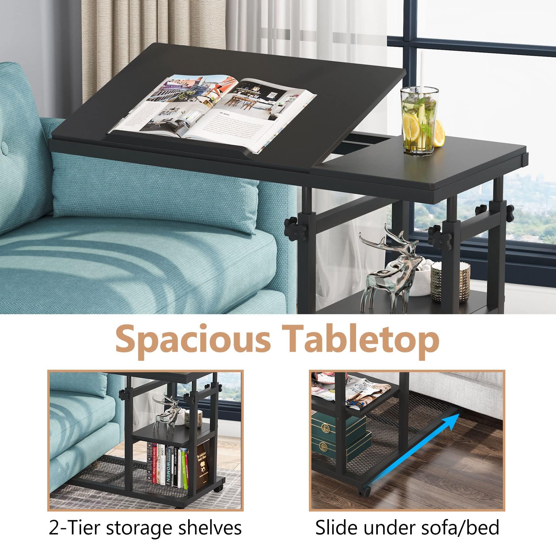 Tribesigns Adjustable Height C-Shaped Table with Wheels - Mobile Sofa Side Table, Tiltable Drawing Board, Bedside Laptop Stand & TV Tray with Storage Shelves - Perfect for Living Room, Bedroom, Office (Black)
