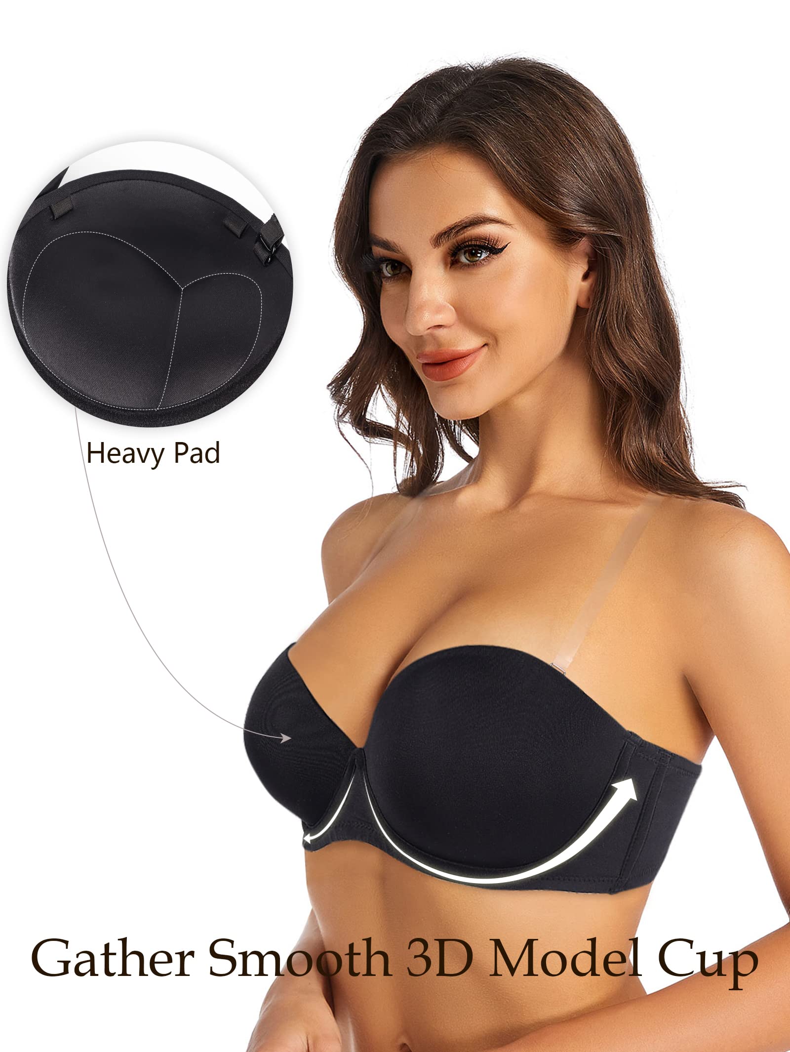 Women's Push Up Strapless Bra - Thick Padded Lift & Support Convertible Bras with Clear Straps | Perfect for Backless Dresses, Formal Wear & Special Occasions