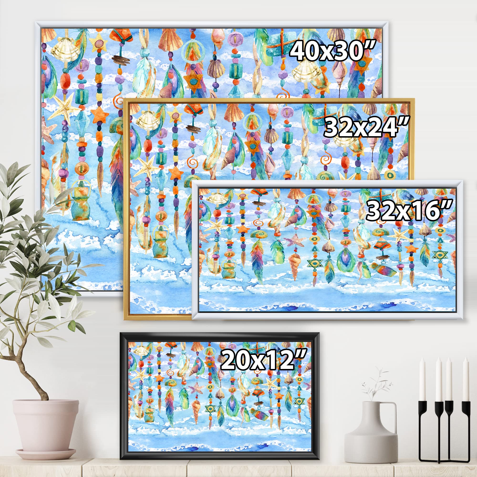 DesignQ Sea Shell & Bead Jewelry Wall Art - Handmade Traditional Framed Canvas Print for Beach House Decor, Coastal Living Room, Bedroom & Office Wall Decor