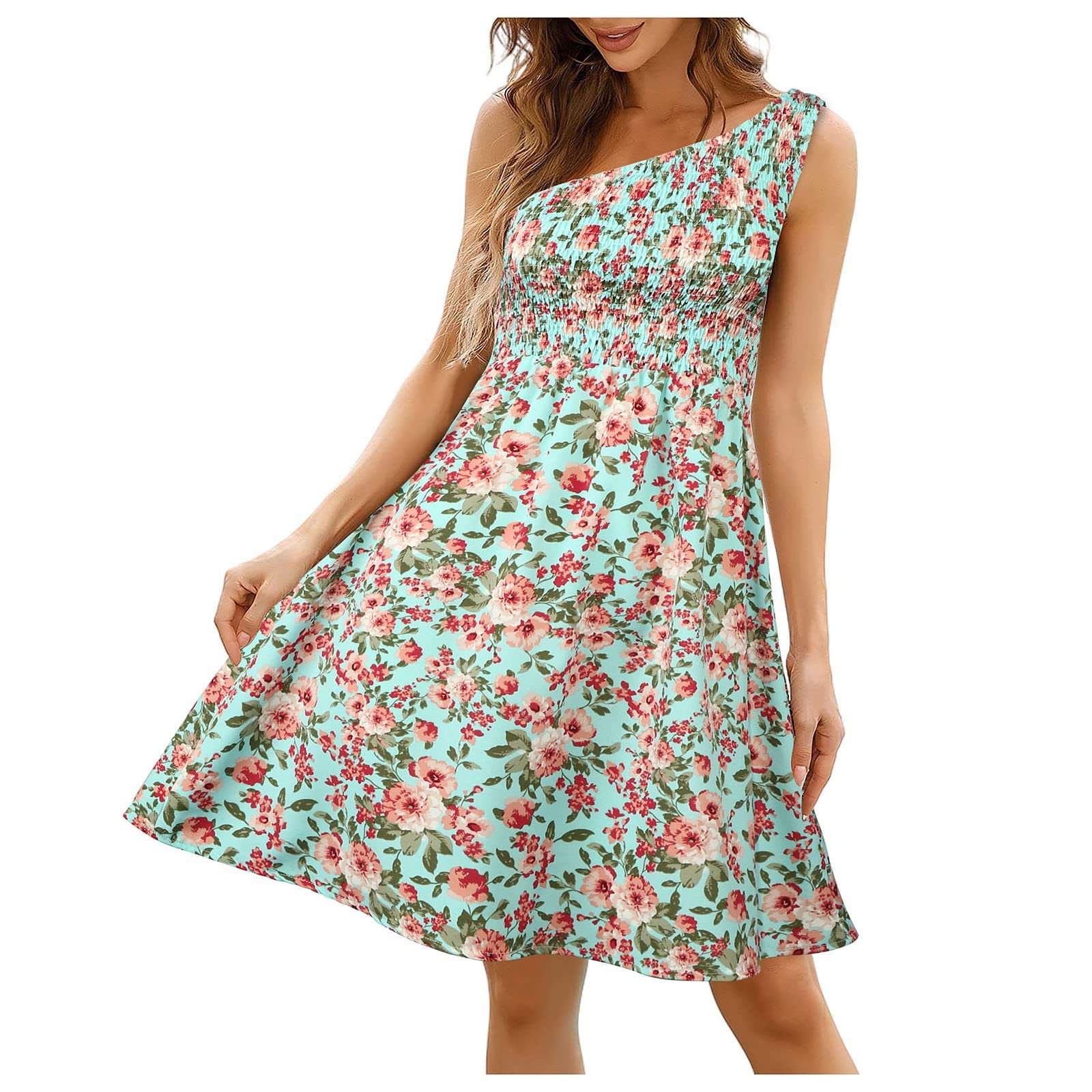 Women's Floral Print One Shoulder Knee Length Summer Dress - Sexy Bohemian Strapless Beach Dress for Vacations, Parties & Outdoor Events