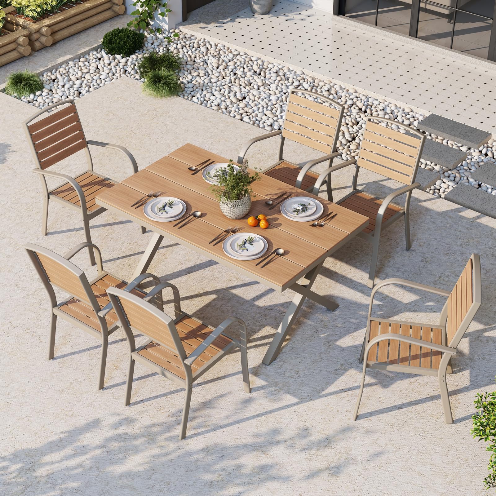 Premium Aluminum Outdoor Dining Chairs Set of 2 - Stackable All-Weather Patio Chairs with Armrests, Faux Wood Finish in Teakwood Brown - Perfect for Backyard, Garden, Restaurant & Bistro Settings