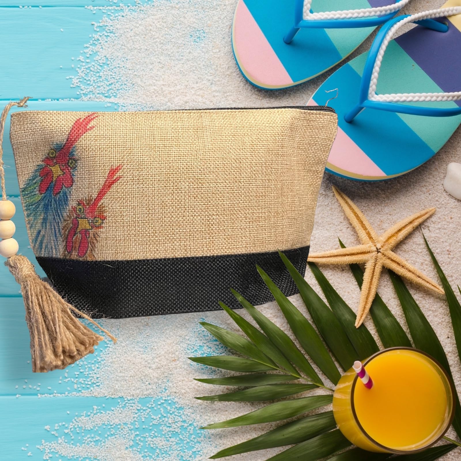 Stylish Canvas Burlap Travel Makeup Bag with Chicken Print - Perfect for Cosmetic Storage, Travel Organizer & Gift Idea
