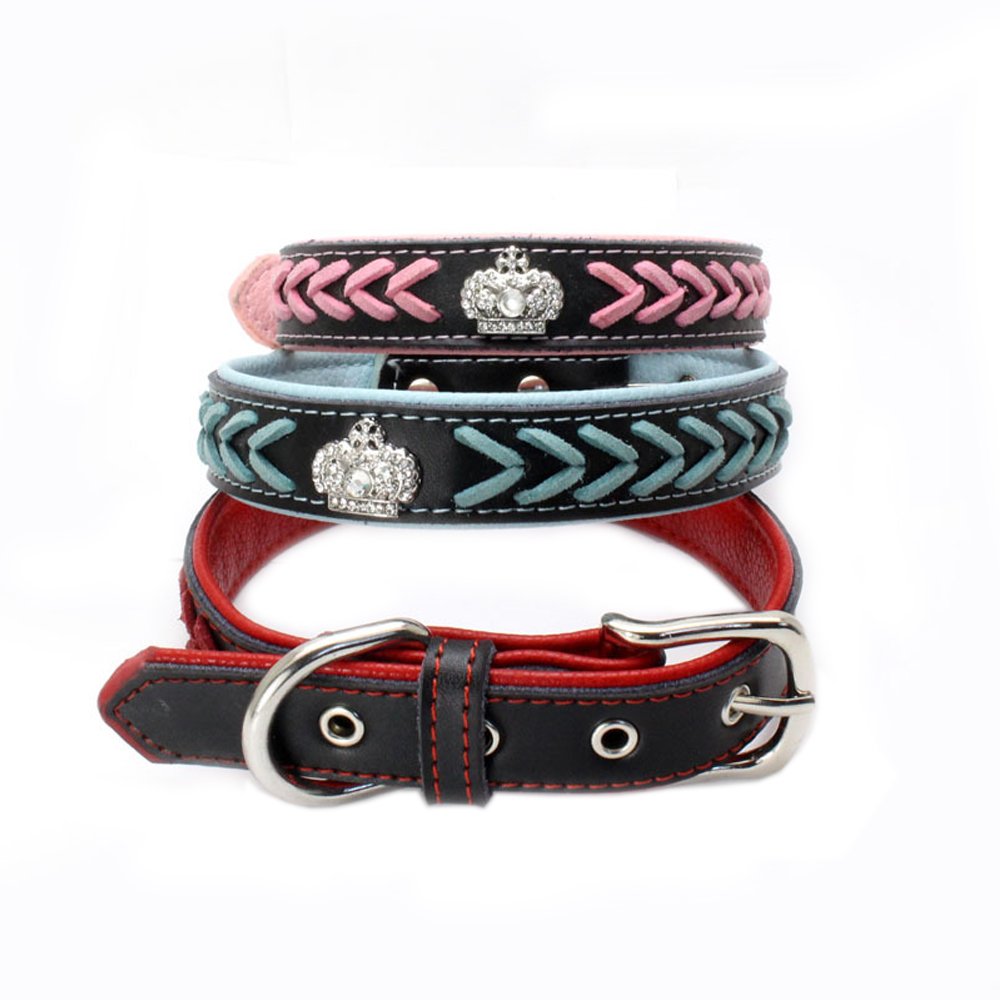 Handmade Genuine Leather Braided Dog Collar with Rhinestone Crown - Adjustable 14.5