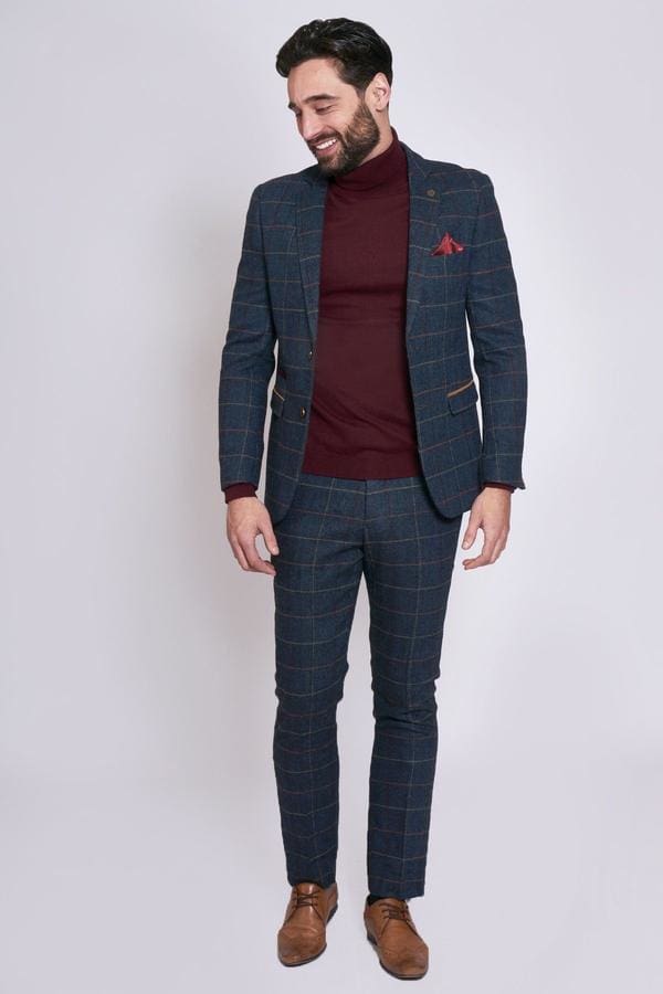 Marc Darcy ETON Navy Blue Tweed Check 2 Piece Suit for Men - Premium Wool Blend Business Formal Attire for Weddings, Office & Special Occasions