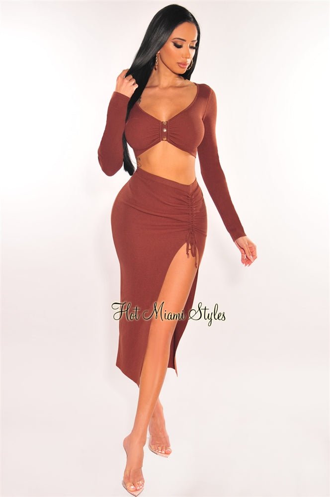 Chocolate Ribbed Knit Long Sleeve Top and Ruched Slit Skirt Two Piece Set - Women's Elegant Outfit for Fall, Date Night & Office Wear