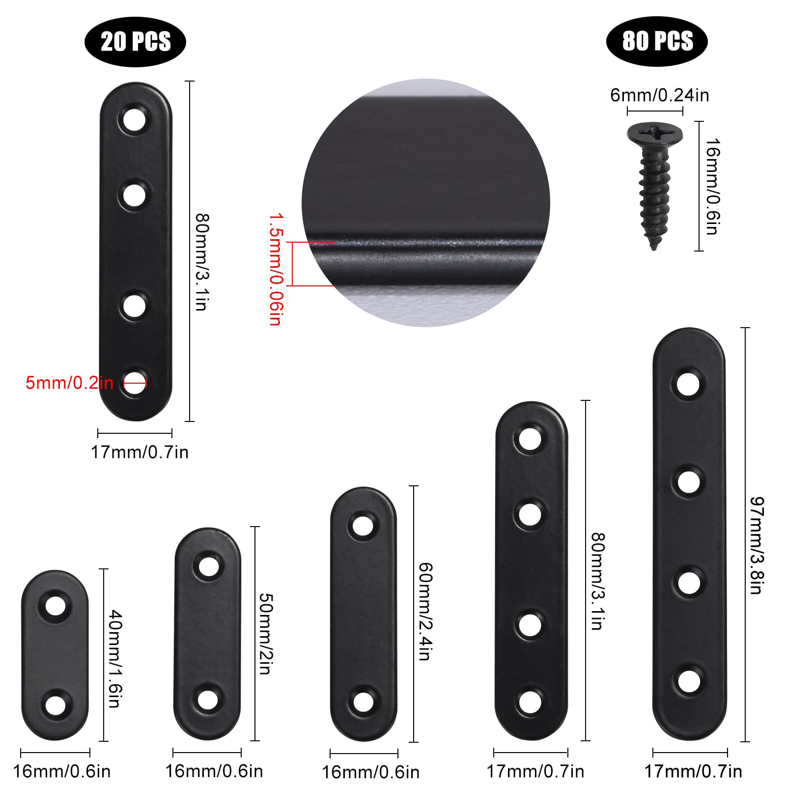 Stainless Steel Flat Corner Brace Bracket with Screws - 20 Pack (17x80mm, Black) - Heavy Duty Support for Shelves, Chairs, Furniture & Windows - Perfect for Home, Office & DIY Projects