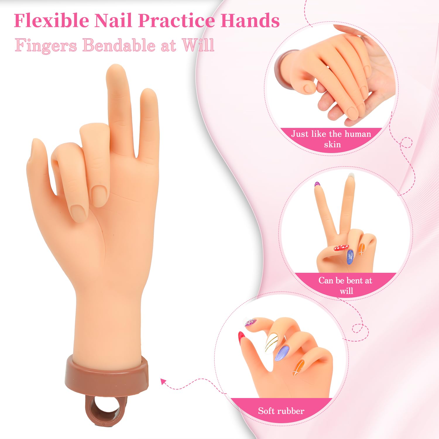 Professional Acrylic Nail Practice Hand - Flexible Bendable Mannequin Hand with Clamp Holder for Nail Art Training - Perfect for Beginners & Students - Ideal for Salon Practice, Home Learning & Nail Technician Certification Prep (Nude)