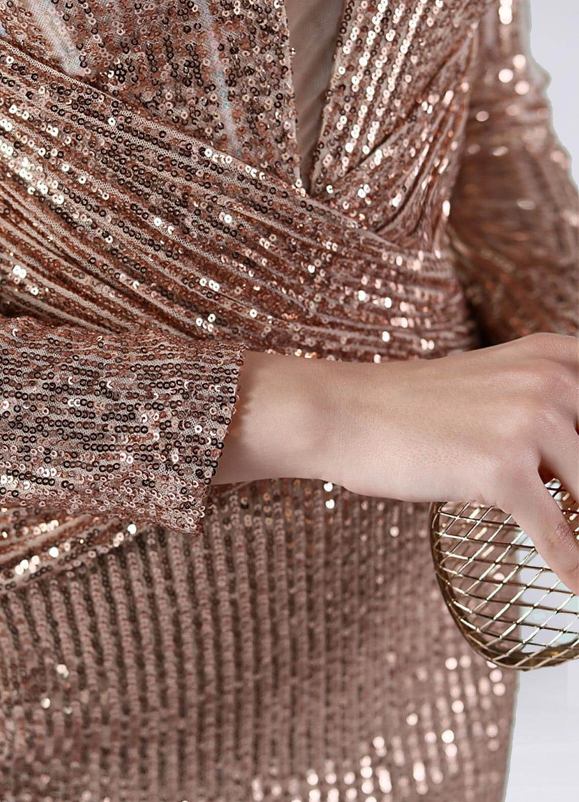 Elegant Champagne Gold Sequin Long Sleeve V-Neck Floor Length Formal Gown for Women - Perfect for Evening Parties, Prom, Wedding Guest & Special Occasions