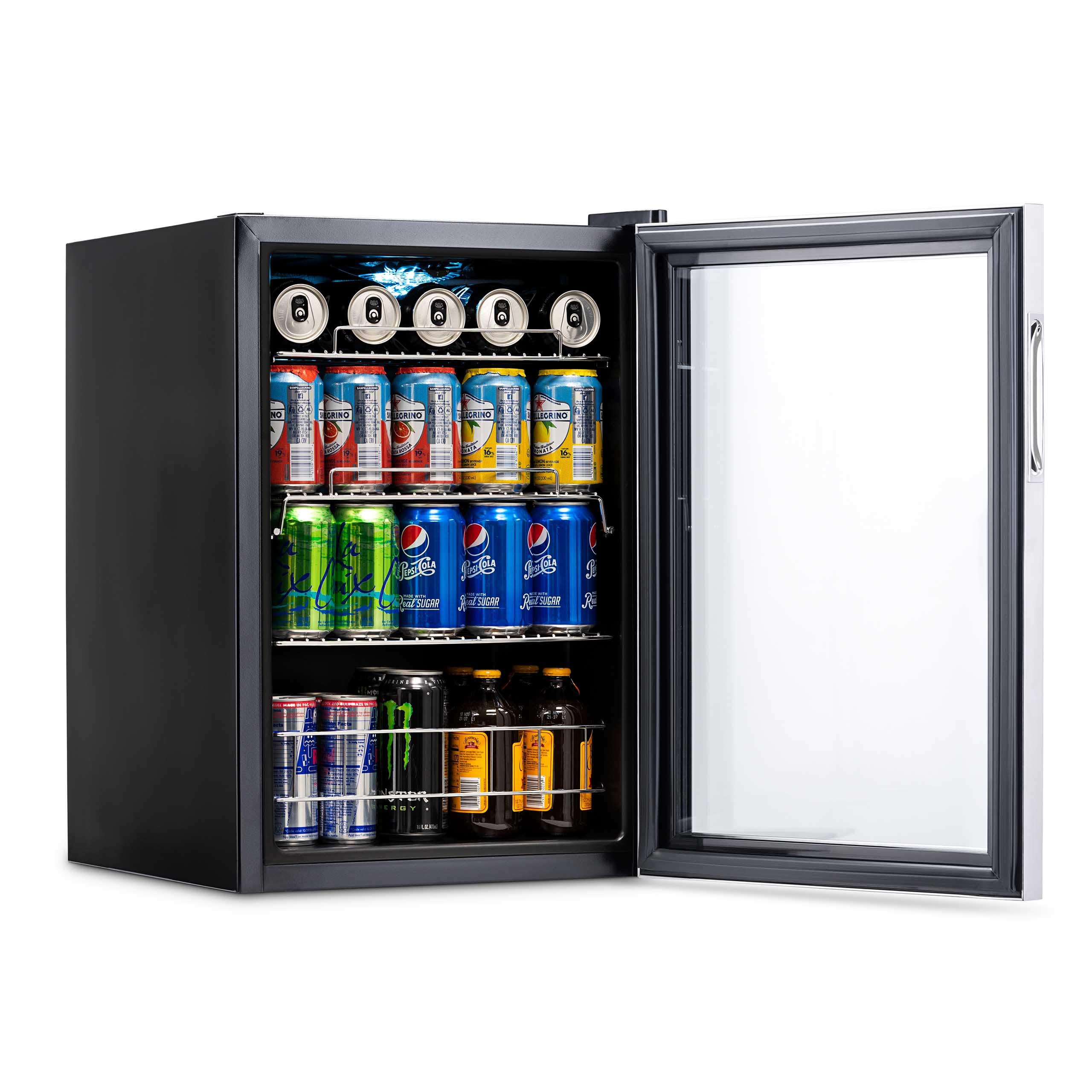 NewAir 90 Can Stainless Steel Beverage Refrigerator - Adjustable Shelves, Glass Door Mini Fridge for Beer, Soda & Drinks - Perfect for Bedroom, Home Office, Bar & Entertainment Spaces