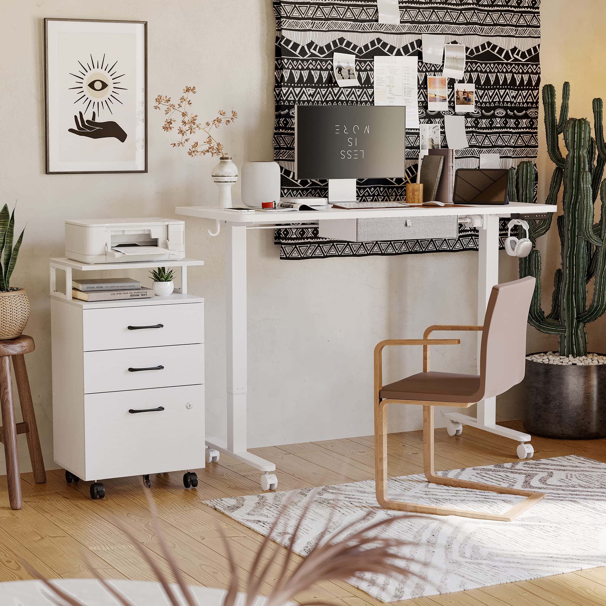 FEZIBO 3-Drawer Locking File Cabinet with Wheels - Home Office Storage for A4, Letter & Legal Documents - White Wooden Printer Stand & Rolling File Organizer - Perfect for Small Spaces & Workspace Organization