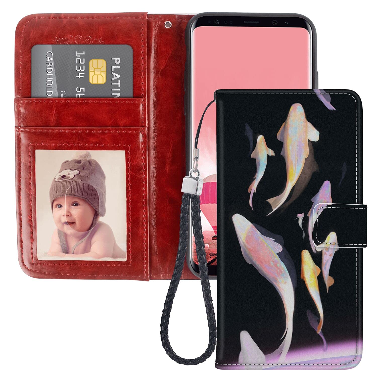 Samsung Galaxy S8 Plus Wallet Case - PU Leather Flip Cover with Card Slots & Goldfish Pattern | Slim Protective Phone Case for Daily Use, Travel & Business