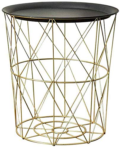 Modern Round Side End Table with Storage Basket - Black Metal Geometric Wire Coffee Table for Living Room, Bedroom, or Office (39cm, Long-Lasting Iron Frame) - Perfect for Holding Snacks, Magazines, or as a Stylish Accent Piece