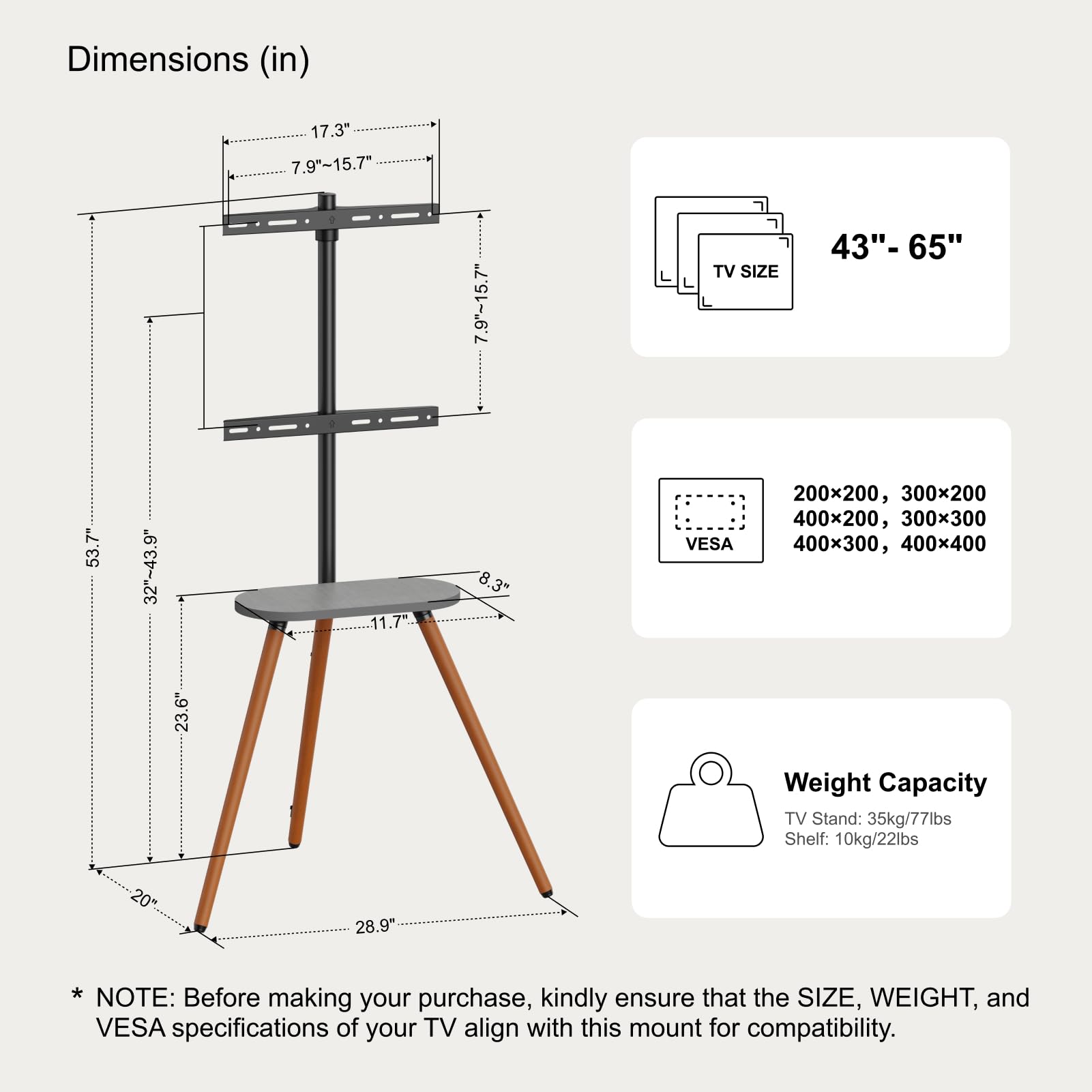 Adjustable Tripod TV Stand for 40-65 Inch LCD LED OLED Screens - Swivel & Height Adjustable Floor TV Mount with Wooden Tray - VESA 400x400mm - Minimalist Black Walnut Design - Perfect for Living Rooms, Bedrooms & Home Theaters