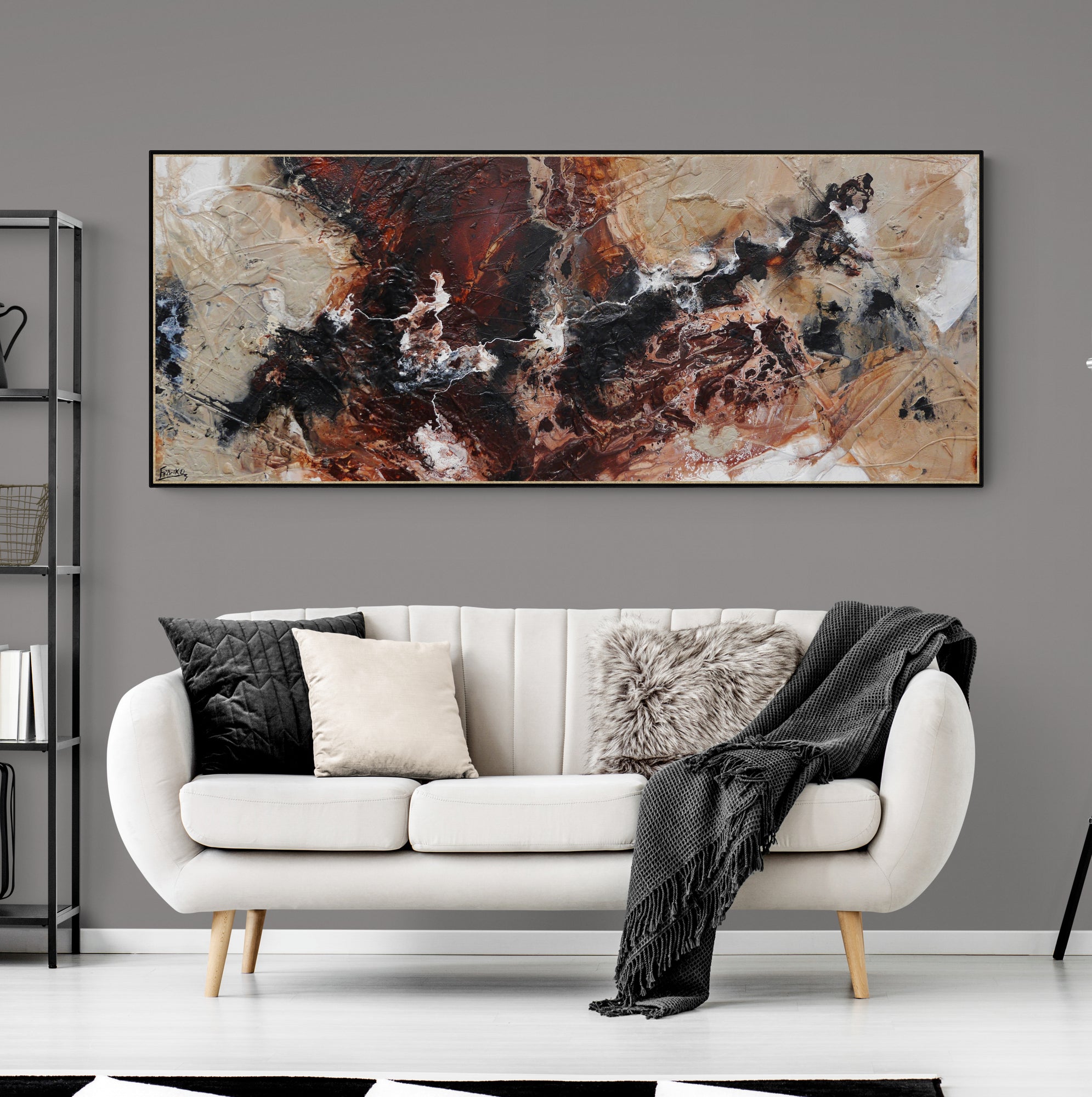 60x32 Inch Abstract Textured Painting in Umber, Brown, Grey, Bone, Black & White - Modern Wall Art for Living Room, Bedroom & Office Decor