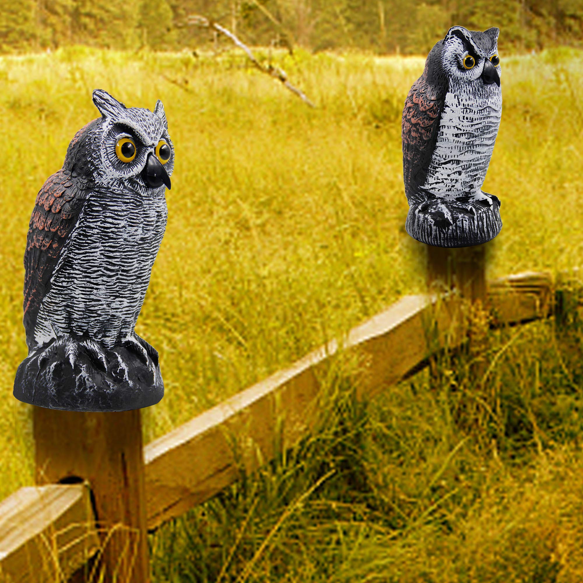 Hausse 3 Pack Realistic Fake Horned Owl Scarecrow Decoy - Plastic Owl Bird Deterrent for Garden, Yard & Outdoor Pest Control - Protects Crops from Birds & Small Animals