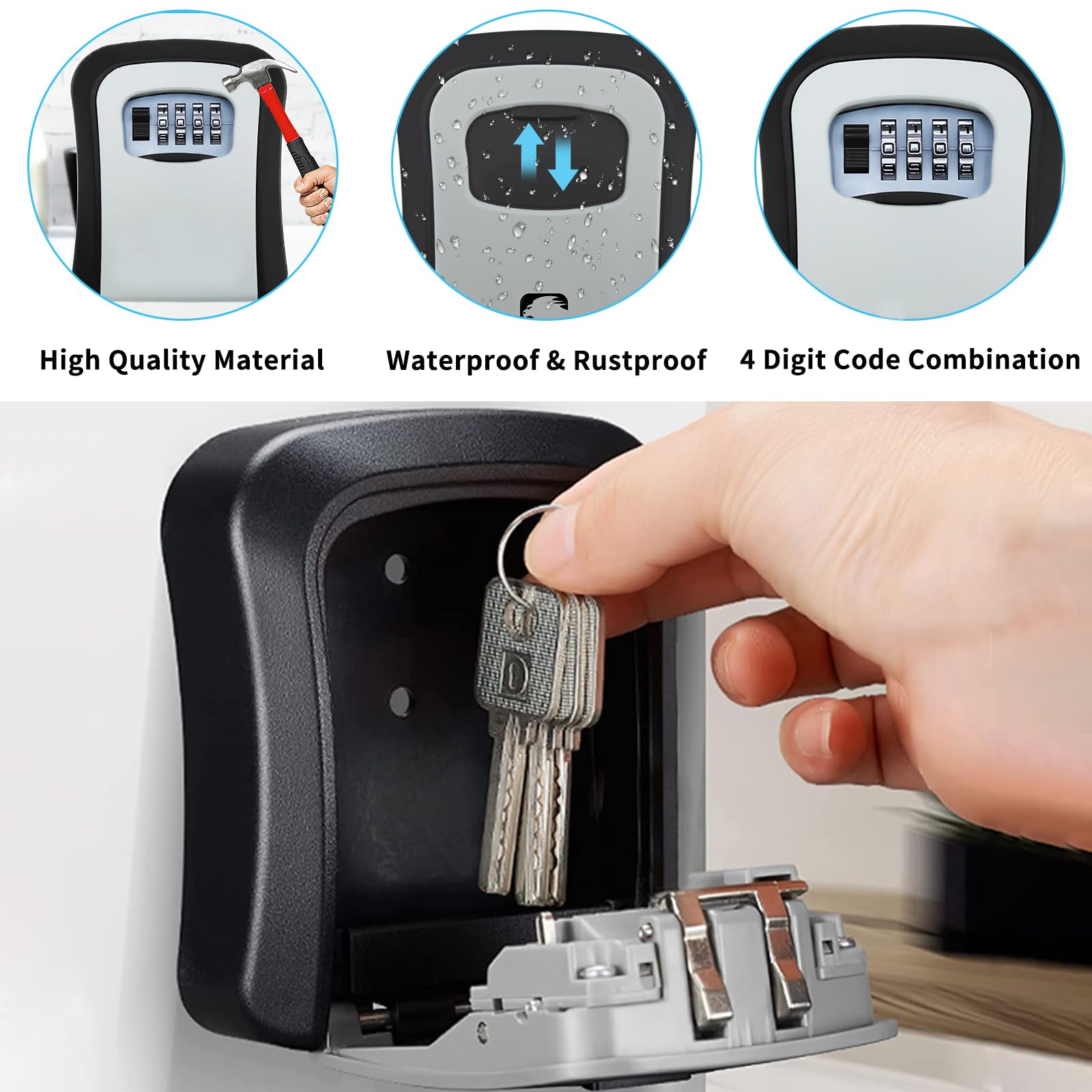 TTRWIN 4-Digit Combination Key Lock Box - Resettable Weatherproof Key Safe for Outdoor, Home, Office & Garage - Secure Wall Mounted Key Storage Holds 5 Keys (Gray) - Perfect for Spare Key Storage, Vacation Homes & Rental Property Access