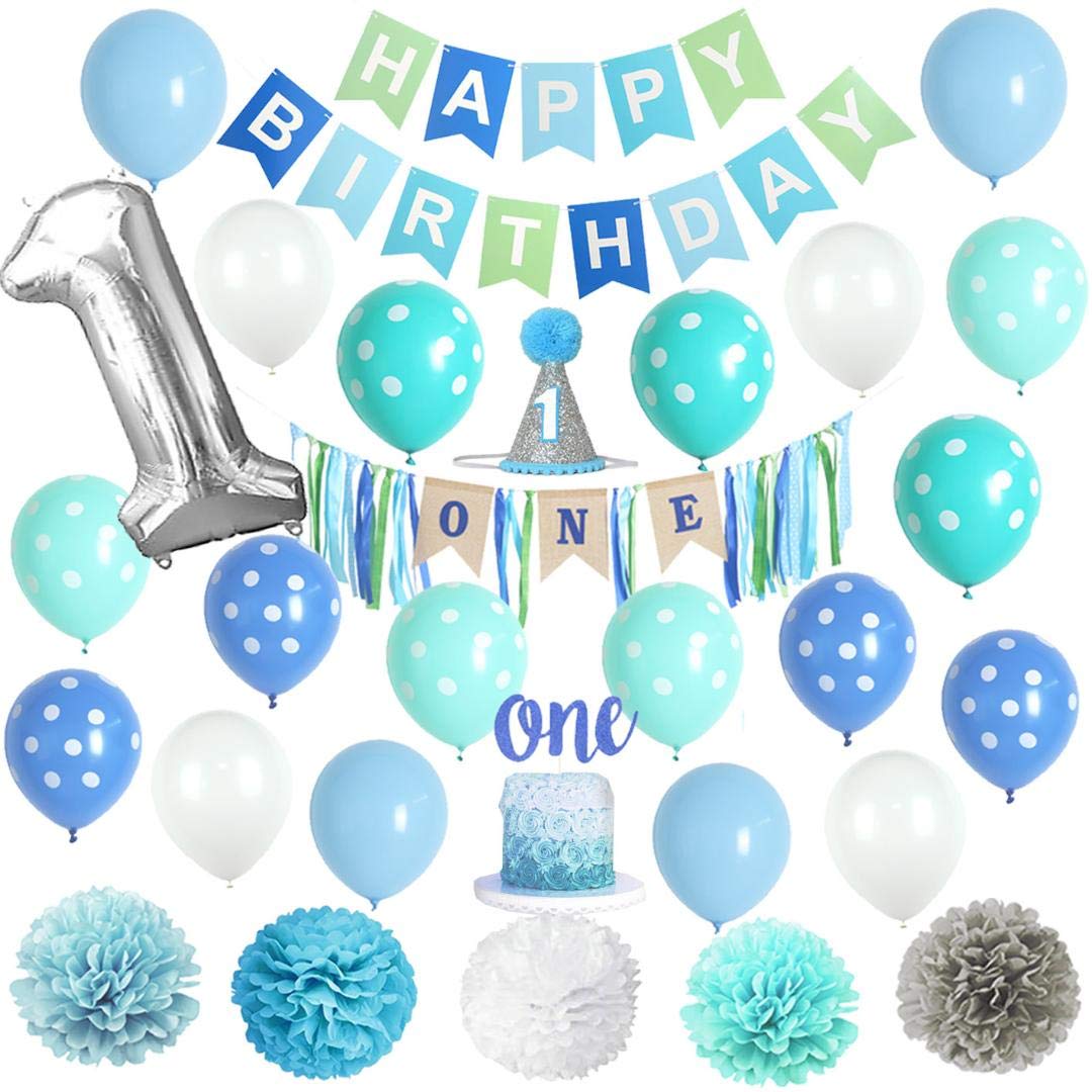 VIDAL CRAFTS 1st Birthday Party Decorations Set for Boys - High Chair Banner, Balloons, Paper Flowers & Cake Topper - Baby Boy's First Birthday Supplies - Perfect for 1 Year Old Birthday Parties, Photo Shoots & Nursery Decorations