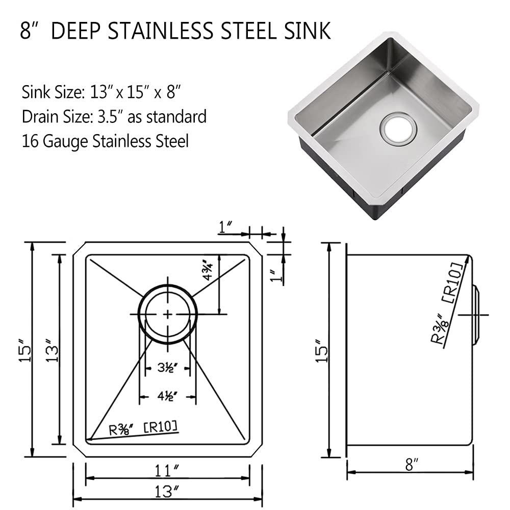 13 x 15 Inch Undermount Single Bowl Stainless Steel Kitchen Sink - 16 Gauge RV, Wet Bar & Prep Sink for Small Spaces - Perfect for Tiny Homes, Campers & Compact Kitchens