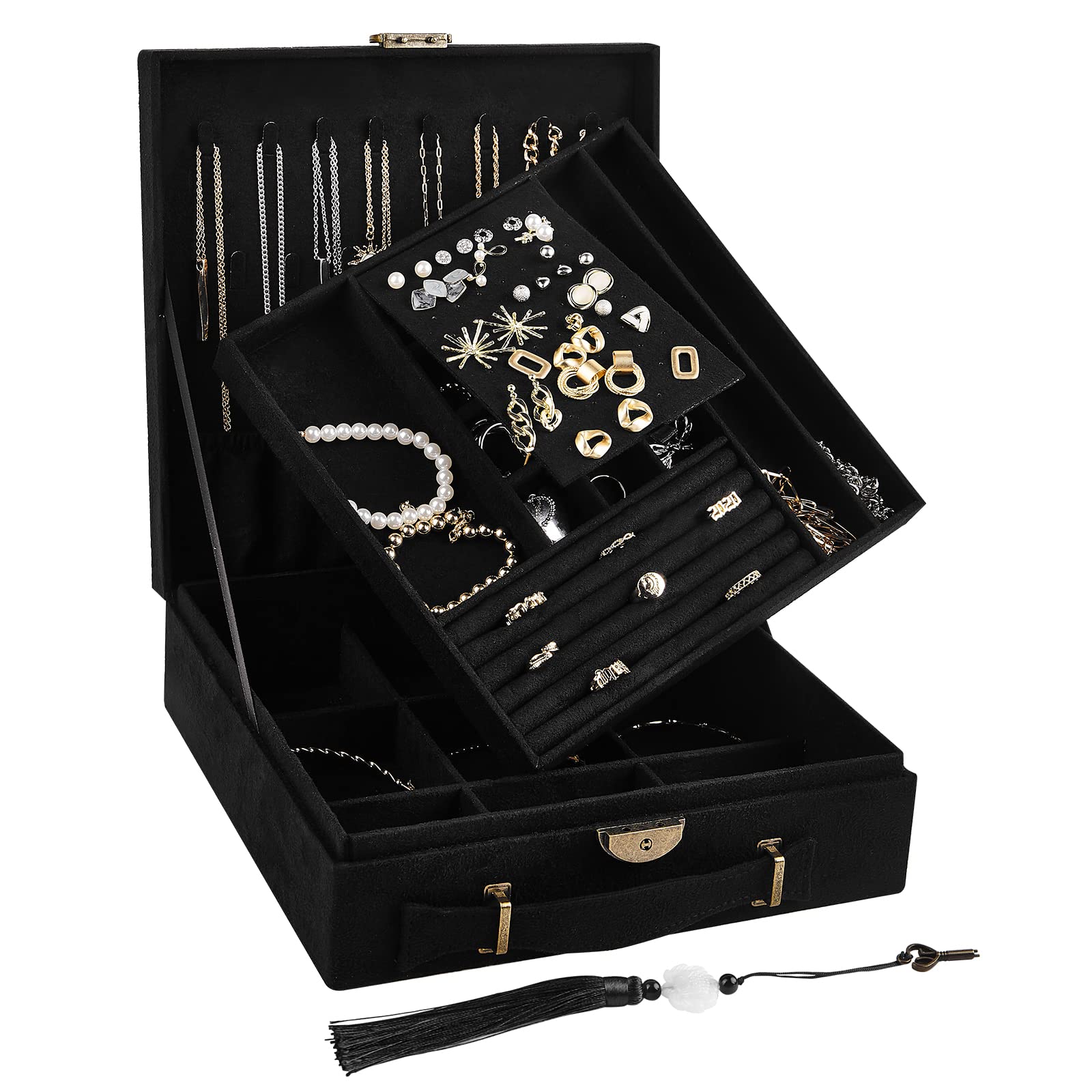 3-Layer Velvet Jewelry Storage Box with Lock & Handle - Large Capacity Double Row Necklace Organizer Display Case - Perfect Gift for Women, Girlfriend, Wife - Graphite Black - Ideal for Home, Travel & Jewelry Protection