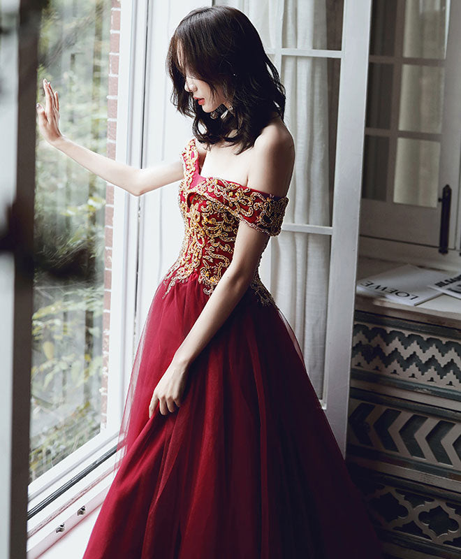 Elegant Burgundy Tulle Sequin Off-Shoulder Long Prom Dress for Evening Gala & Formal Events - Perfect for Homecoming, Wedding, and Special Occasions