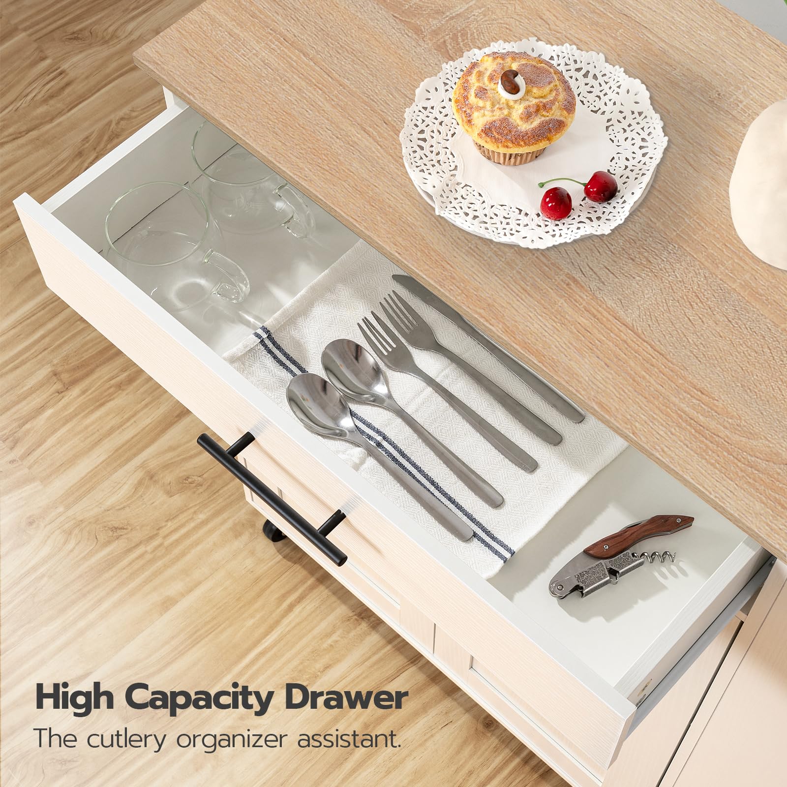 HOOBRO White and Natural Kitchen Island with Power Outlet - Mobile Kitchen Cart with Spice Rack, Storage Drawer & Wheels - Perfect for Small Spaces, Dining Rooms & Home Cooking Organization