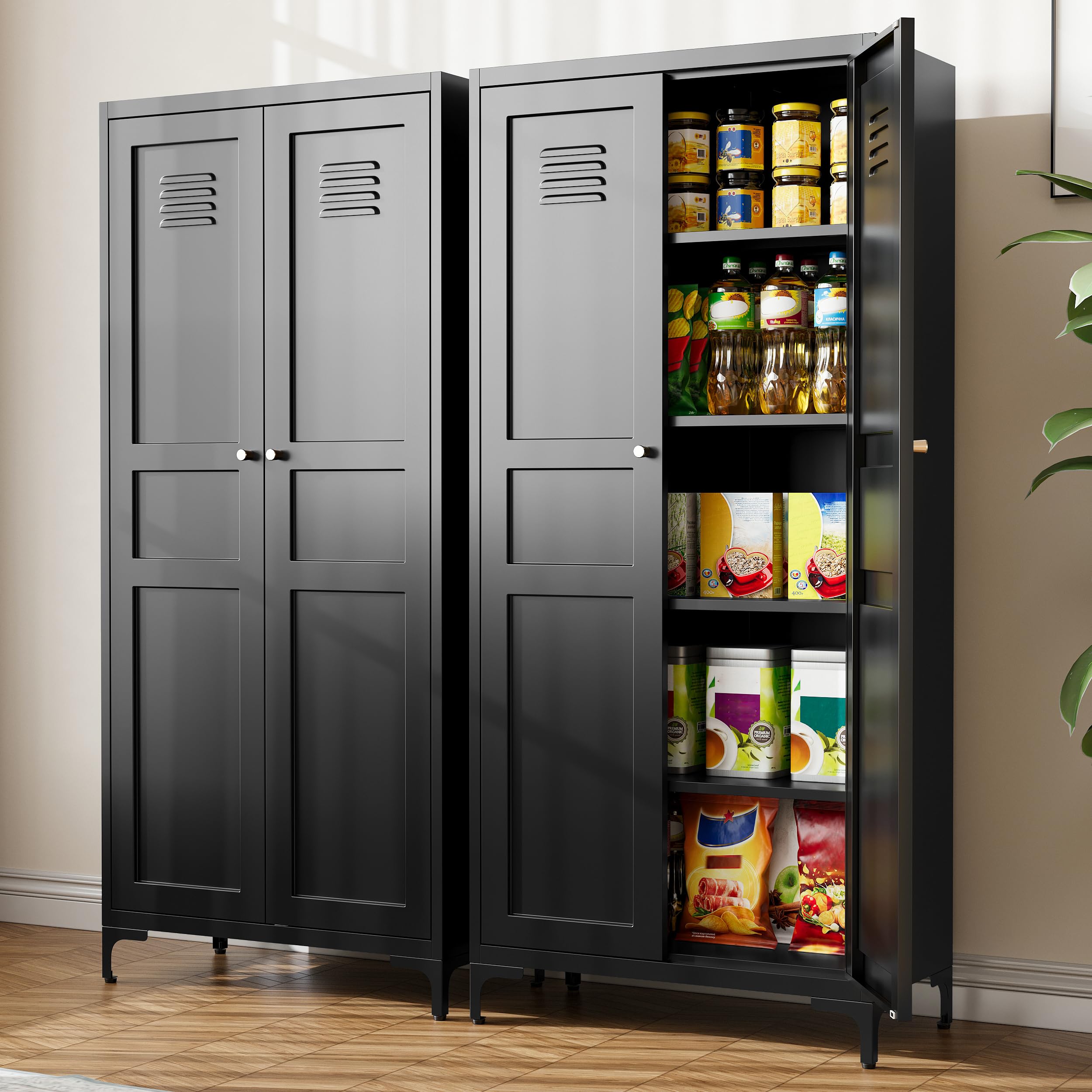 61 Inch Black Metal Kitchen Pantry Storage Cabinet with Adjustable Shelves & Feet - Organize Kitchen, Living Room, Dining Room & Bathroom - Perfect for Small Spaces & Home Organization