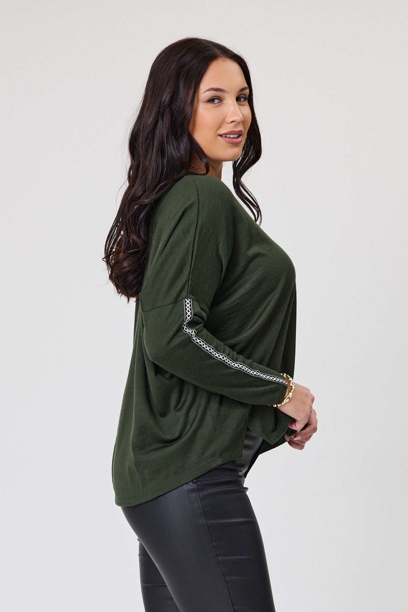Alpine by Shine On Regina Cross Trim Merino Wool Top in Olive Green - Perfect for Hiking, Travel & Outdoor Adventures