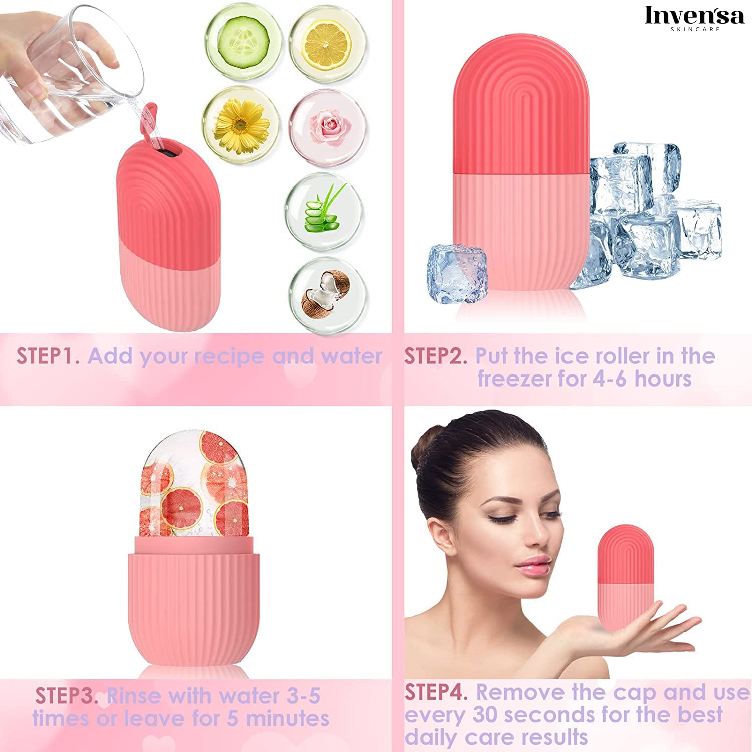 INVENSA Reusable Ice Roller for Face & Eyes - Cooling Facial Massager to Brighten Skin, Reduce Fine Lines & Enhance Glow | DIY Beauty & Skincare Tool for Puffiness Relief & Morning Routine