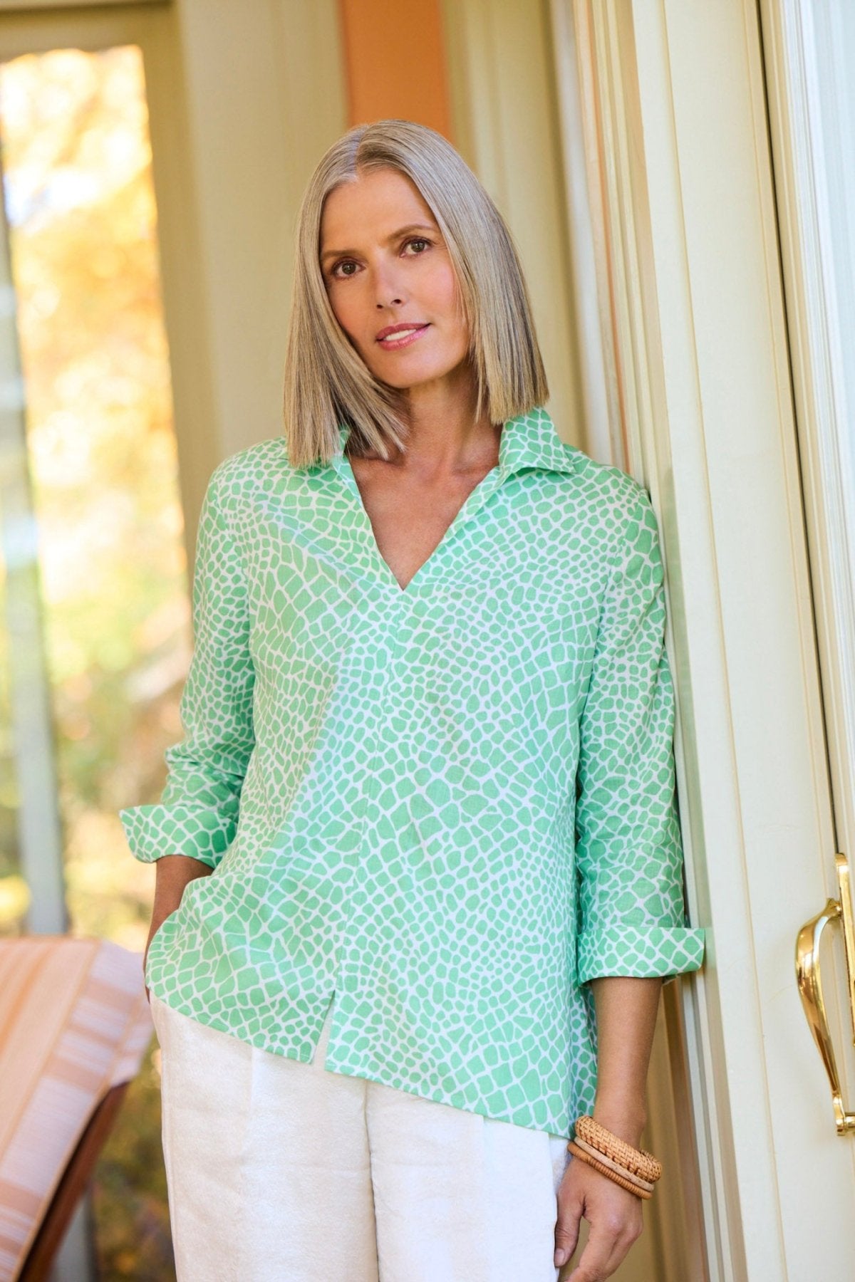 Agnes Linen Giraffe Print 3/4 Sleeve Popover Shirt for Women | Casual Summer Top for Beach, Vacation & Everyday Wear