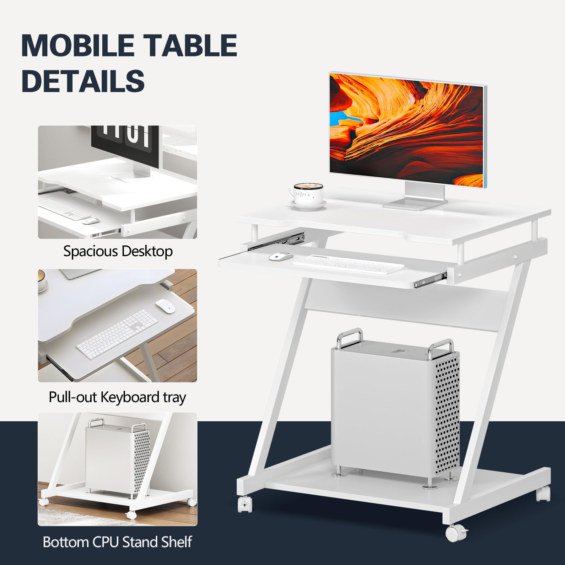 Soges Furniture Mobile Compact Computer Desk Cart - Portable Rolling Workstation with Printer Shelf & Keyboard Drawers for Small Spaces, Home & Office Use - White | Perfect for Dorm Rooms, Apartments, and Workspace Organization