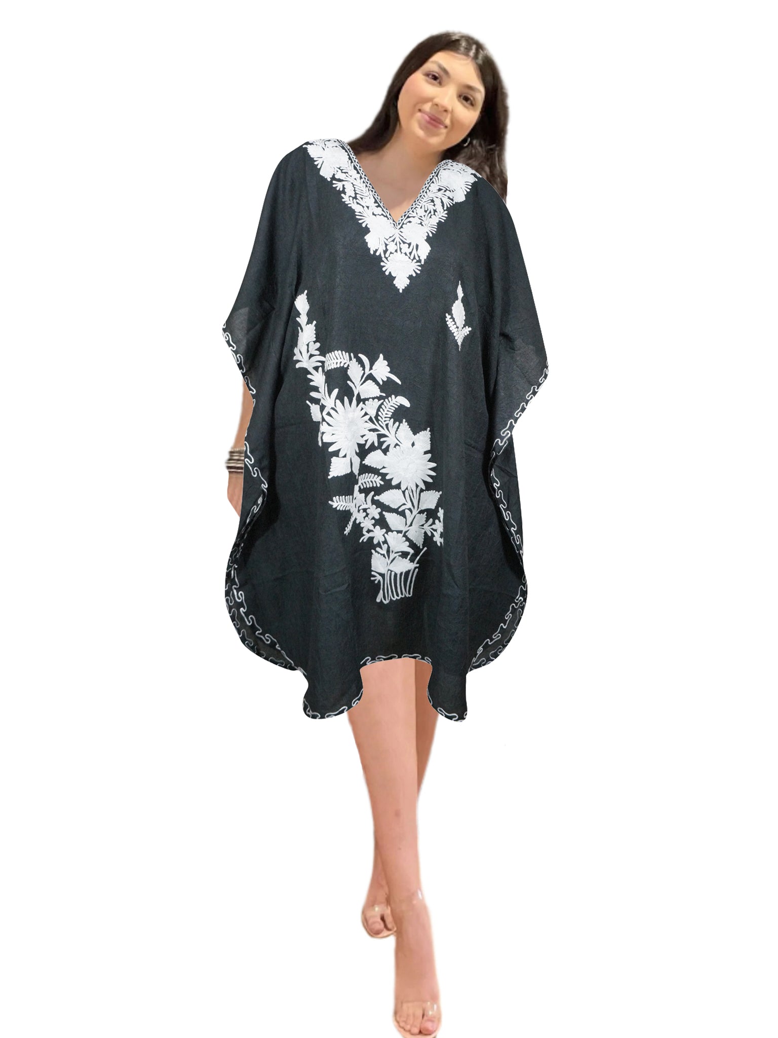 Women's Black Embroidered Caftan Dress - Beach Cover Up, Summer Vacation Outfit, Boho Maxi Dress for Women Size L 2X - Perfect for Pool Parties, Resort Wear & Casual Outings