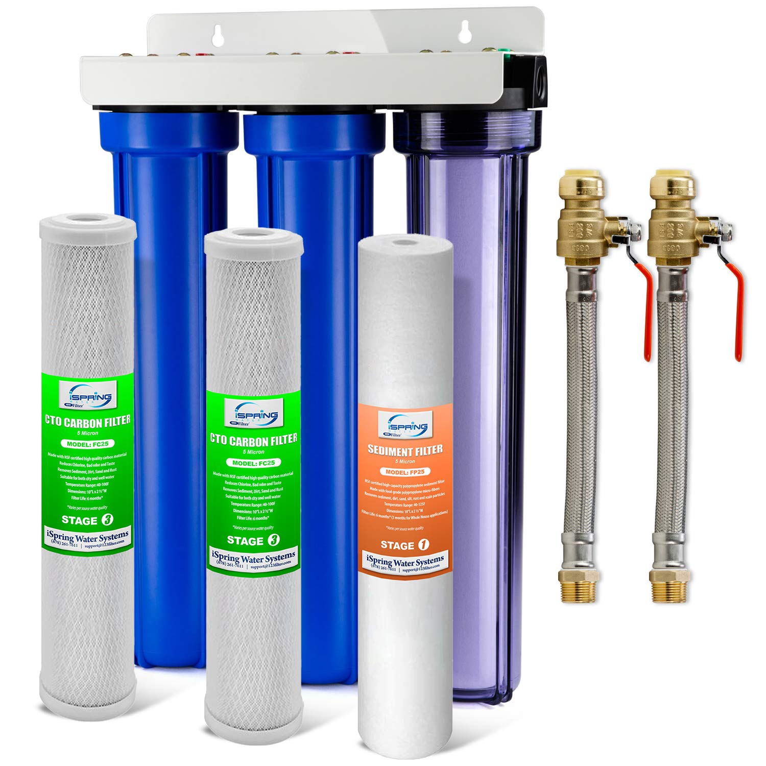 iSpring WCB32+AHPF12MNPT12X2 Whole House Water Filter System – 3-Stage Filtration, Reduces 99% Chlorine, Clear 1st-Stage Housing, 3/4