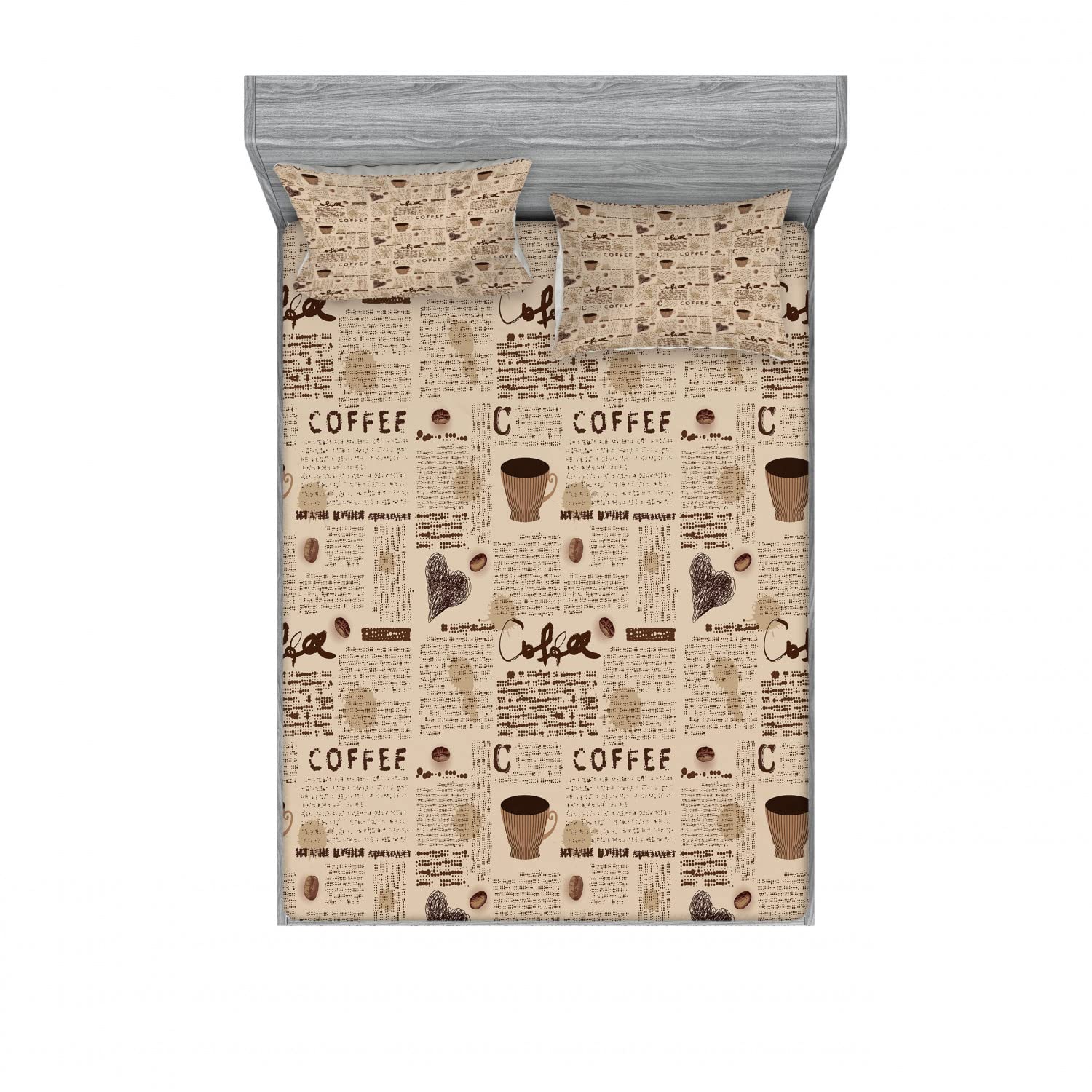Vintage Coffee Cup Print 2-Piece Queen Fitted Sheet Set with 4 Pillow Shams - Sand Brown & Umber Retro Bedding for Cozy Home Decor | Perfect for Coffee Lovers' Bedroom & Guest Room Styling