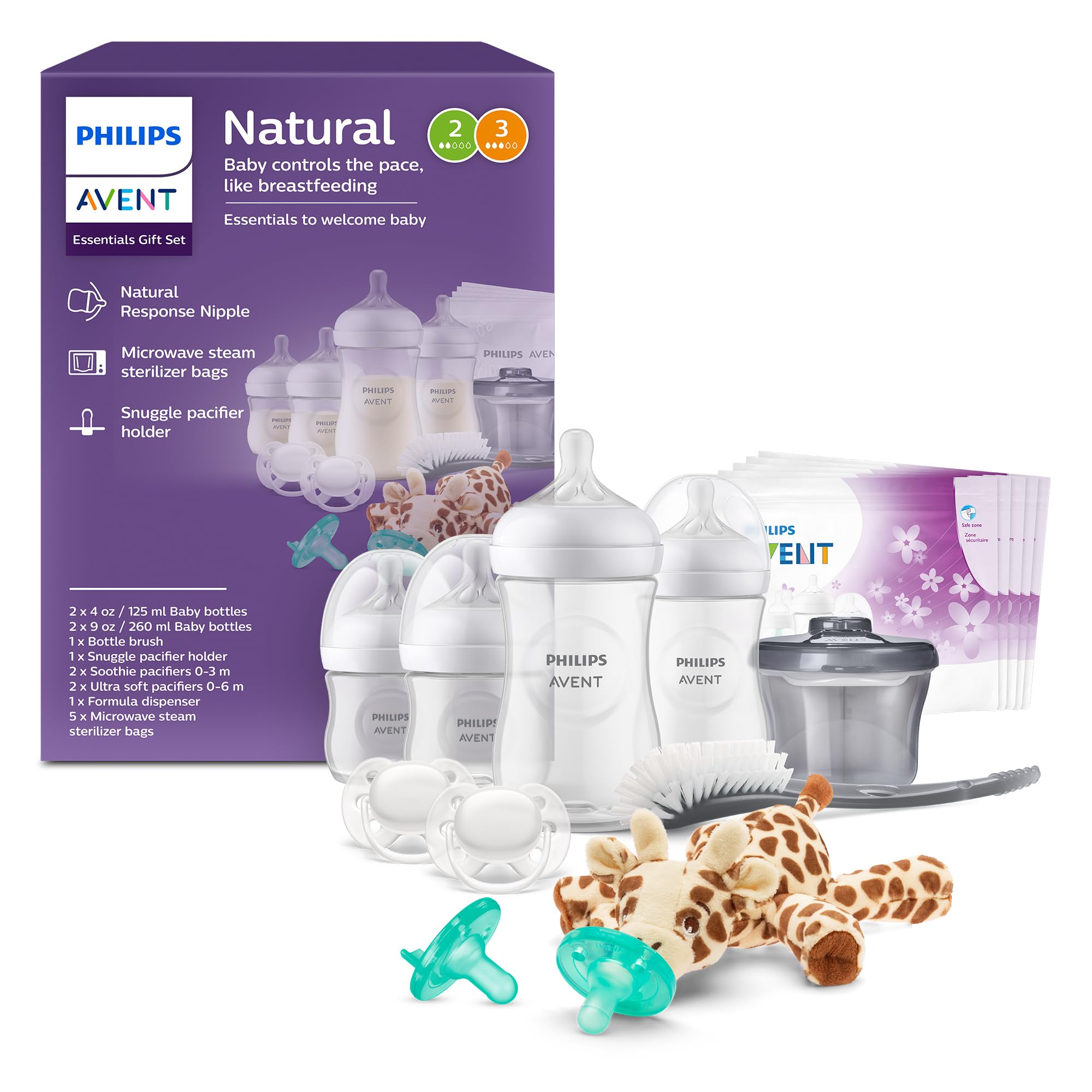 Philips Avent Natural All-in-One Baby Gift Set - 4oz & 9oz Bottles with Natural Response Nipples (Slow & Medium Flow), Soothie & Ultra Soft Pacifiers - Perfect for Newborns, Baby Showers & Parenting Essentials (SCD839/02)